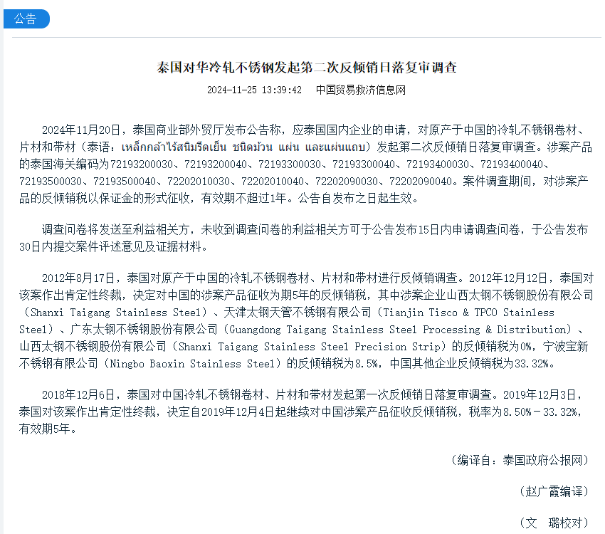 泰國對華冷軋不銹鋼發(fā)起第二次反傾銷(xiāo)日落復審調查